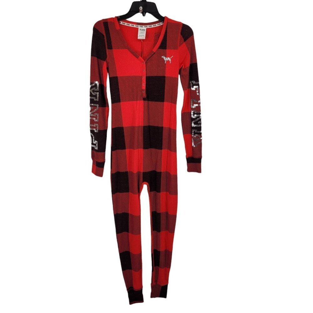 PINK Victoria Secret womens small red black Buffalo Plaid Sequin Bling Pajamas
